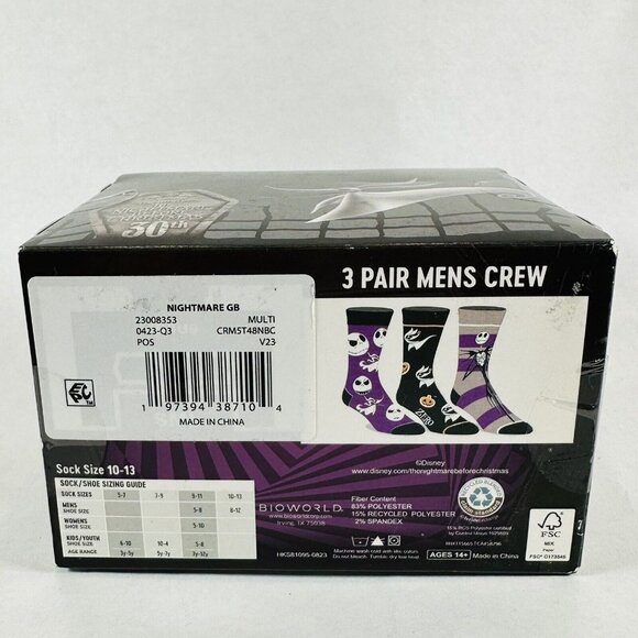 Bioworld Other - Nightmare Before Christmas Mens 3-Pack of Crew Socks W/ Gift Box Shoe Sizes 8-12